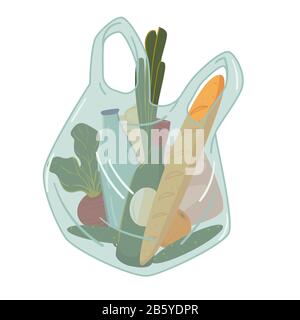 Grocery shopping, food and drink in plastic shop bag Stock Vector