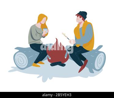 Camping and frying marshmallow, couple near bonfire on logs, camping Stock Vector