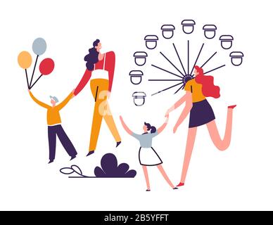 Children and parents in amusement park, family weekend outdoors Stock Vector