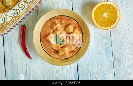 Paneer Chaman, Kashmiri cuisine, Traditional assorted Indian  dishes, Top view. Stock Photo