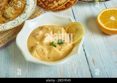 Methi Chaman, dish cooked with paneer, Kashmiri cuisine, Traditional assorted Indian  dishes, Top view. Stock Photo