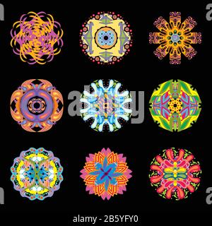 Set of vector ornamental round pattern elements. Colorful vector illutration of nine ornamental rounds, flat illustration isolated on black background Stock Vector