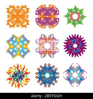 Vector ornamental round pattern elements set. Colorful vector illutration of nine ornamental rounds Flat illustration isolated on white background. St Stock Vector
