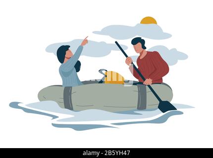 Rafting or hiking and backpacking, couple in boat, active pastime Stock Vector