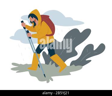 Hiking or trekking, walking tour with backpack, woman in raincoat and rubber boots Stock Vector