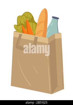 Supermarket food in paper package or fabric bag, grocery shopping Stock Vector