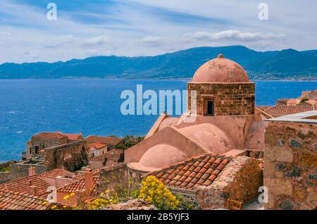 Monemvasia, the medieval castle town of Peloponnese is among the most impressive places in Greece. Stock Photo