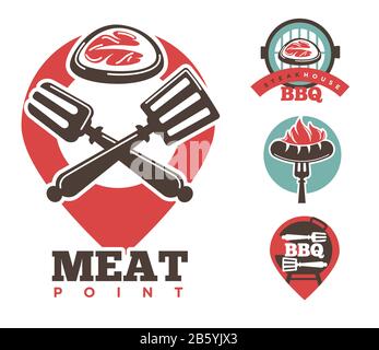 Steak and sausage, bbq cafe or restaurant isolated icons Stock Vector