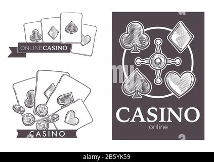 Casino online club isolated sketch icons, gambling games, poker and roulette Stock Vector