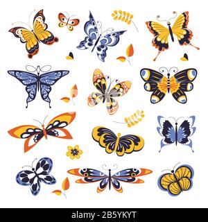 Butterflies isolated icons, animals or insects with ornament on wings Stock Vector