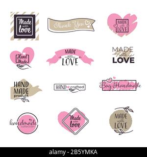 Handwritten inscription Made with Love on hearts and ribbons, isolated icons Stock Vector