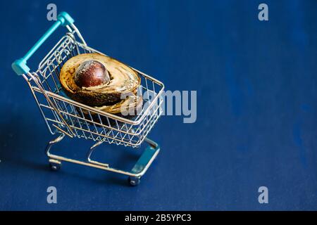 Spoiled and rotten avocado with mold in a mini food cart on a blue background.  Two halves of moldy avocado. Stop wasting the concept of food, eating Stock Photo