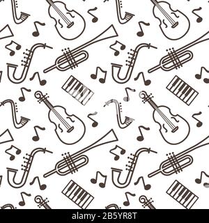 Violin and pipe, saxophone and piano, musical instruments seamless pattern Stock Vector