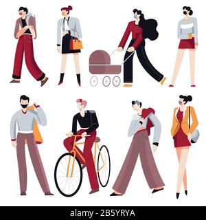 Protective face masks, pollutant gas emission, isolated characters Stock Vector