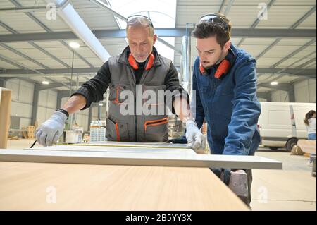 Carpenter with apprentice working in workshop Stock Photo