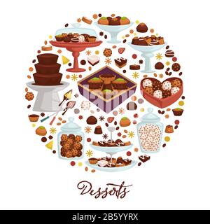 Desserts, chocolate and sweets, cakes and candies, confectionery products Stock Vector