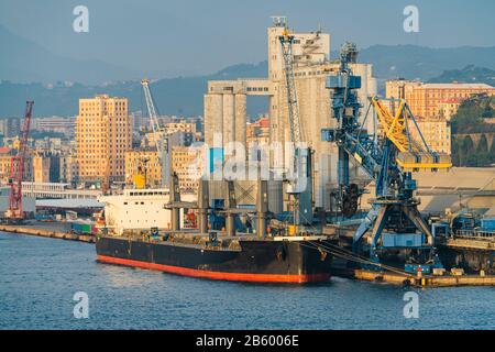 Port of Savona-Vado, bulk carrier in dry bulk terminal. Italy Stock Photo