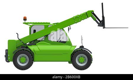 Telescopic handler, side view. 3D rendering isolated on white background Stock Photo