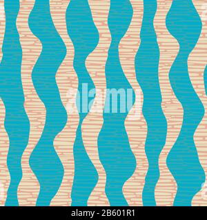 Wavy line seamless vector pattern background. Vertical linear geometric blue stripe backdrop with overlay wicker texture. Minimal irregular abstract Stock Vector