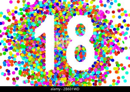 18 from colored confetti. 3D rendering isolated on white background Stock Photo