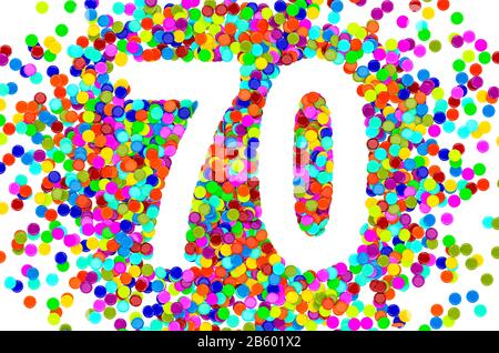 70 from colored confetti. 3D rendering isolated on white background Stock Photo