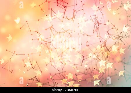 Triangles, dots and lines are connecting with shine on blur background. Slow motion and shallow depth of field Stock Photo