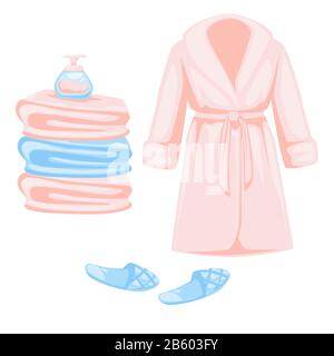 Bathrobe and slippers, towels stack and soap, isolated icons Stock Vector