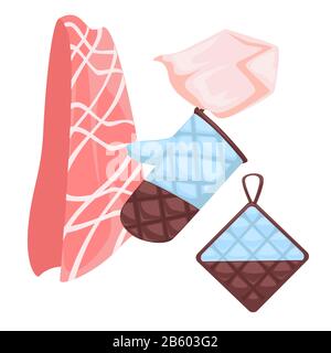 Cotton potholder, BBQ glove and towel, isolated icons Stock Vector