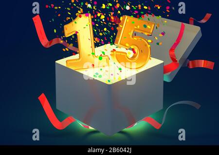 Number 15 inside gift box with confetti and shiny light, 3D rendering on dark blue background Stock Photo