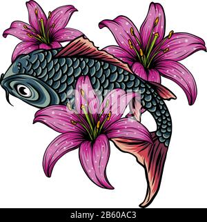hand drawn koi fish with flower tattoo for Arm.Colorful Koi carp with Water splash Stock Vector