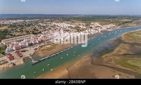 Aerial. Tavira Cabanas is filmed from the sky in the summer. Stock Photo