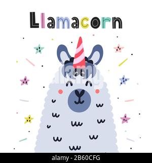 Llamacorn cute card. Funny print with llama - unicorn Stock Vector