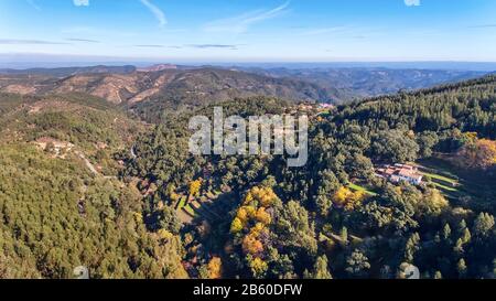 Aerial. Forests and the landscape of the ecological zone Monchique. From the sky by drones. Stock Photo