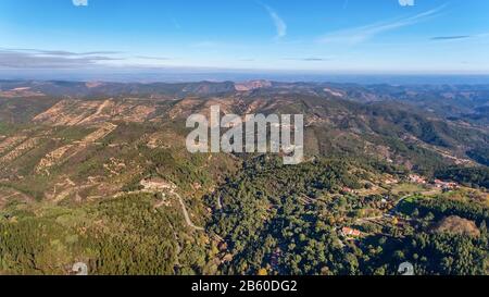 Aerial. Forests and the landscape of the ecological zone Monchique. From the sky by drones. Stock Photo