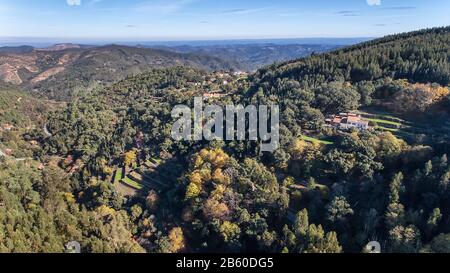 Aerial. Forests and the landscape of the ecological zone Monchique. From the sky by drones. Stock Photo