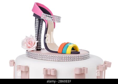 Details of wedding cake, women's shoe with heel made of sugar paste. Stock Photo