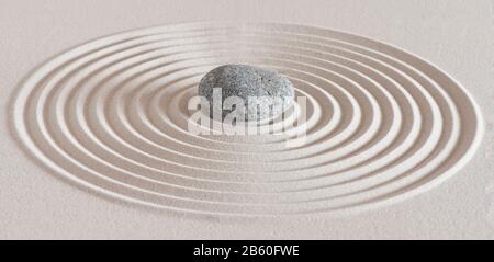 Japanese zen garden with stone in textured white sand Stock Photo