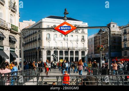 Madrid, Spain - March 7, 2020: Sol Metro station in Puerta del Sol, Madrid, one of the famous landmarks of the capital and the centre of Madrid, Spain Stock Photo