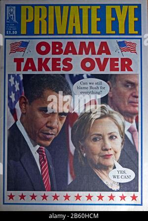 Front cover of Private Eye magazine headline 'Obama takes Over' together with Hillary Clinton in January 2009 London England UK Stock Photo