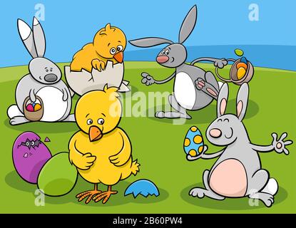 Cartoon Illustration of Funny Easter Characters with Colored Eggs on Holidays Stock Vector