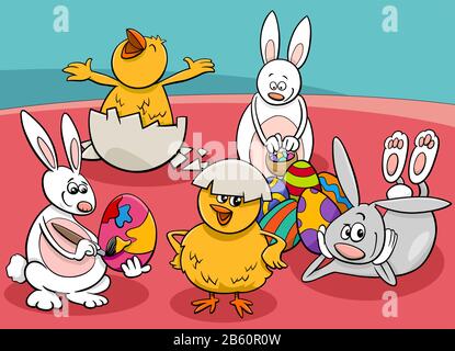 Cartoon Illustration of Funny Easter Bunnies and Chicks Characters with Colored Eggs Stock Vector