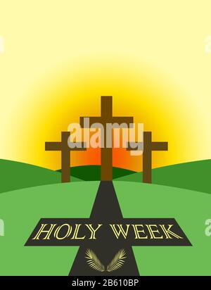 Holy week themed poster, with three crosses in front of the sunrise and projected cross shadow with text and palm leafs inside. Stock Vector