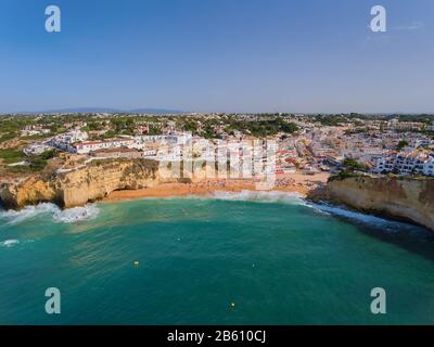 Beach Carvoeiro summer from above. Aerial photo. Stock Photo