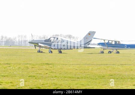 Mühlheim, Nrw, Germany - April 9, 2015: Small sports plane during startup at the airport Essen-Mülheim. Stock Photo
