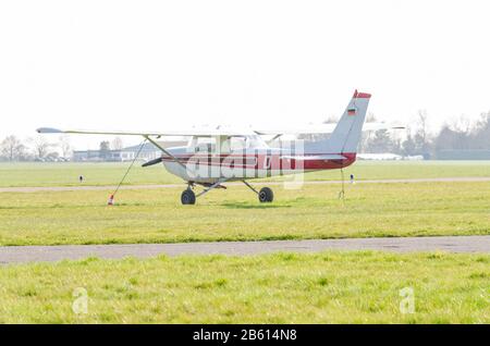 Mühlheim, Nrw, Germany - April 9, 2015: Small sports plane during startup at the airport Essen-Mülheim. Stock Photo