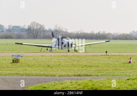 Mühlheim, Nrw, Germany - April 9, 2015: Small sports plane during startup at the airport Essen-Mülheim. Stock Photo