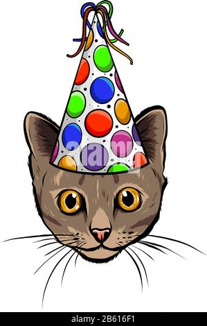 Hand Drawn Illustration of Cat in Party Hat, Heart shaped Glasses and Big Candy. Stock Vector