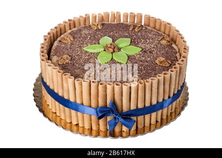 Sweet chocolate walnut cake. On the anniversary of his birthday. Stock Photo