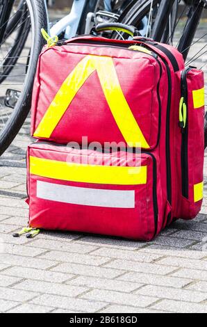 Essen, NRW, Germany - MAY 06, 2015: Rescue backpack of an emergency physician at a Sportveranstalung for cardiac patients in Essen Kupferdreh. Stock Photo