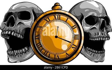 pocket watch with human skull,Time and death concept. illustration line art. Stock Vector
